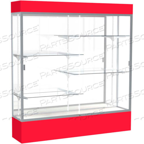 SPIRIT LIGHTED DISPLAY CASE 72W X 80H X 16D MIRROR BACK SATIN FINISH RED BASE & TOP
