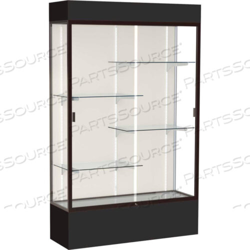 SPIRIT LIGHTED DISPLAY CASE 72W X 80H X 16D PLAQUE BACK DARK BRONZE BLACK BASE & TOP