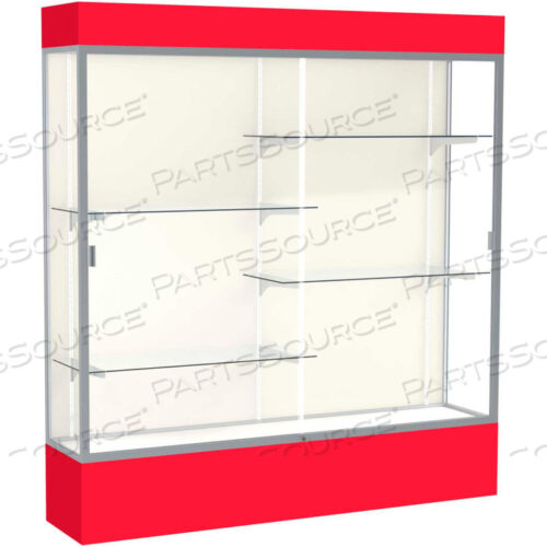 SPIRIT LIGHTED DISPLAY CASE 72W X 80H X 16D PLAQUE BACK SATIN FINISH RED BASE & TOP