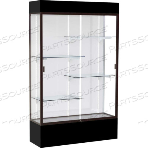 SPIRIT LIGHTED DISPLAY CASE 72W X 80H X 16D WHITE BACK DARK BRONZE BLACK BASE & TOP