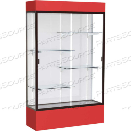 SPIRIT LIGHTED DISPLAY CASE 72W X 80H X 16D WHITE BACK DARK BRONZE RED BASE & TOP