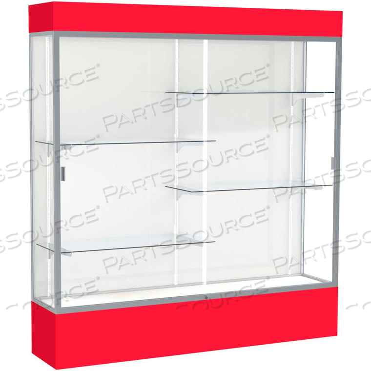 SPIRIT LIGHTED DISPLAY CASE 72W X 80H X 16D WHITE BACK SATIN FINISH RED BASE & TOP