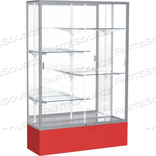 SPIRIT DISPLAY CASE RED BASE, SATIN FRAME, MIRROR BACK 48W X 16D X 72H