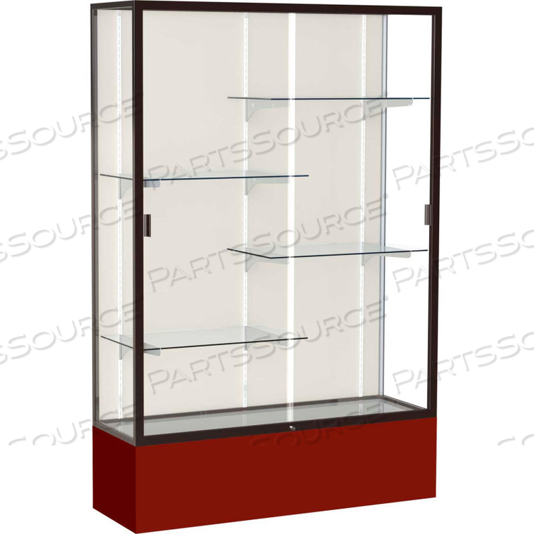 SPIRIT DISPLAY CASE MAROON BASE, BRONZE FRAME, FABRIC BACK 48W X 16D X 72H
