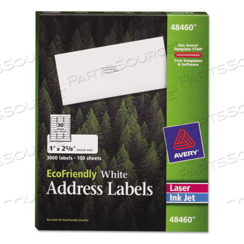 OEM#: 48460ECOFRIENDLY MAILING LABELS, INKJET/LASER PRINTERS, 1 X 2.63, WHITE, 30/SHEET, 100 SHEETS/PACK by Avery