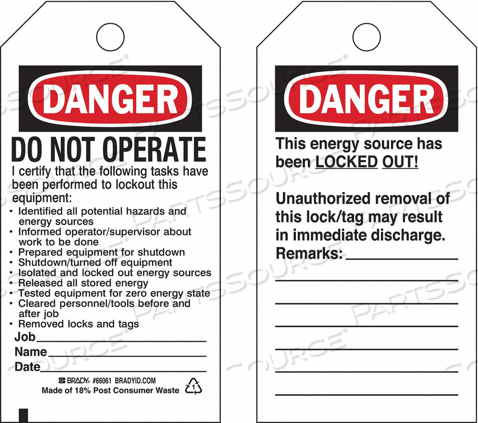 OEM#: 65449DANGER TAG 5-3/4INHX3INW CARDSTOCK PK25 by Brady Americas