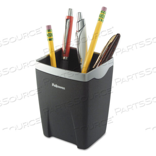 OEM#: 8032301OFFICE SUITES DIVIDED PENCIL CUP, PLASTIC, 3.13 X 3.13 X 4.25, BLACK/SILVER by Fellowes