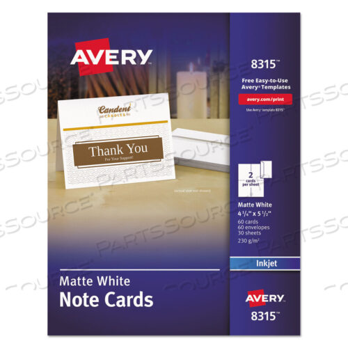 OEM#: 8315NOTE CARDS WITH MATCHING ENVELOPES, INKJET, 85 LB, 4.25 X 5.5, MATTE WHITE, 60 CARDS, 2 CARDS/SHEET, 30 SHEETS/PACK by Avery