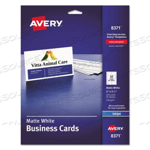 OEM#: 8371PRINTABLE MICROPERFORATED BUSINESS CARDS W/SURE FEED TECHNOLOGY, INKJET, 2 X 3.5, WHITE, 250 CARDS, 10/SHEET, 25 SHEETS/PACK by Avery