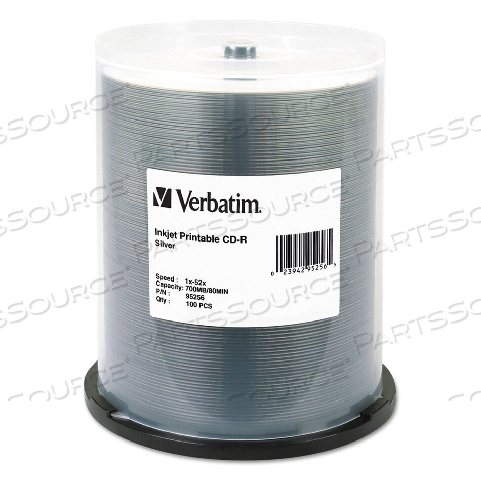 OEM#: 95256CD-R PRINTABLE RECORDABLE DISC, 700 MB/80 MIN, 52X, SPINDLE, SILVER, 100/PACK by Verbatim