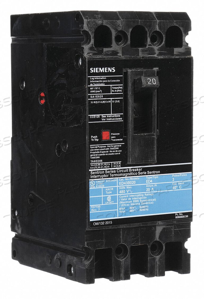 OEM#: ED43B020CIRCUIT BREAKER 20A 3P 480VAC ED4 by Siemens