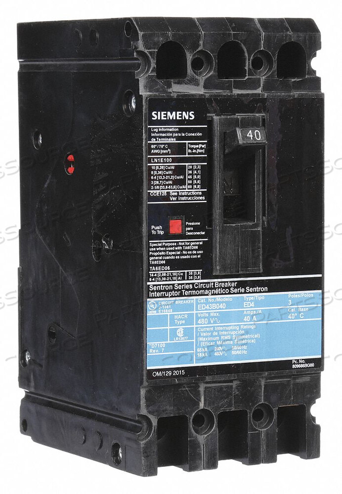 OEM#: ED43B040CIRCUIT BREAKER 40A 3P 480VAC ED4 by Siemens