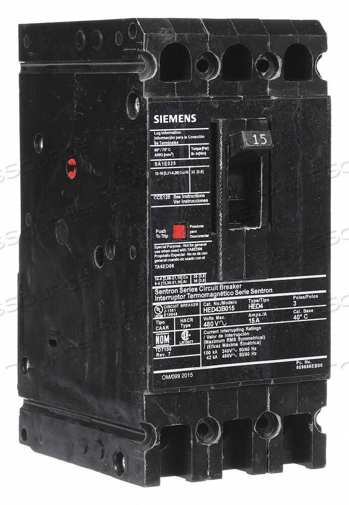 OEM#: HED43B015CIRCUIT BREAKER 15A 3P 480VAC HED4 by Siemens