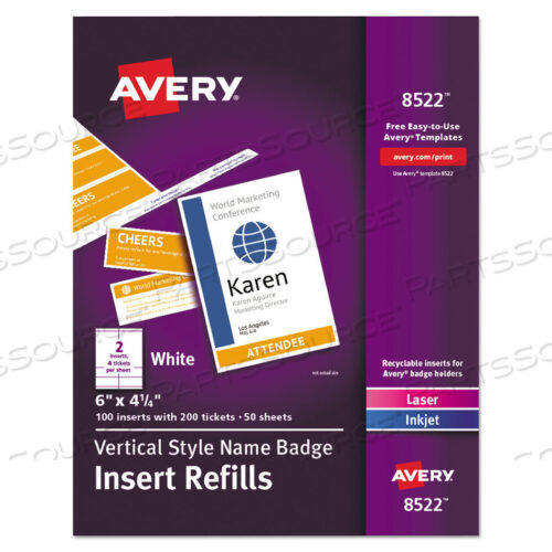 OEM#: 08522NAME BADGE INSERT REFILLS, VERTICAL, 4 1/4 X 6, WHITE, 100/PACK by Avery