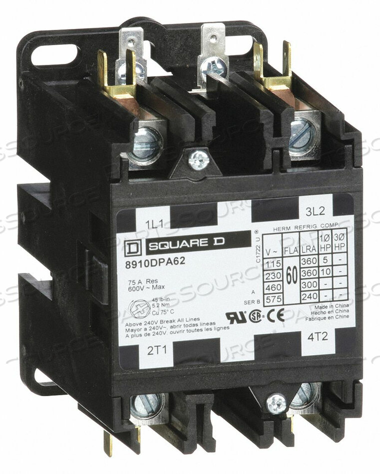 OEM#: 8910DPA62V02H2640 DEFINIT PRPOSE CNTCTR 120VAC 60A 2P OPEN by Square D