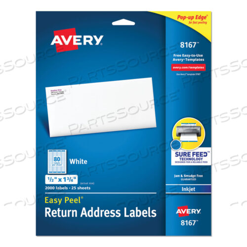 OEM#: 8167EASY PEEL WHITE ADDRESS LABELS W/ SURE FEED TECHNOLOGY, INKJET PRINTERS, 0.5 X 1.75, WHITE, 80/SHEET, 25 SHEETS/PACK by Avery