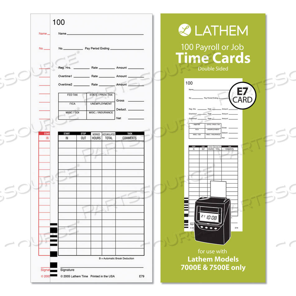 OEM#: E79-100TIME CLOCK CARDS FOR LATHEM TIME 7000E/7500E, TWO SIDES, 3.38 X 8.78, 100/PACK by Lathem Time