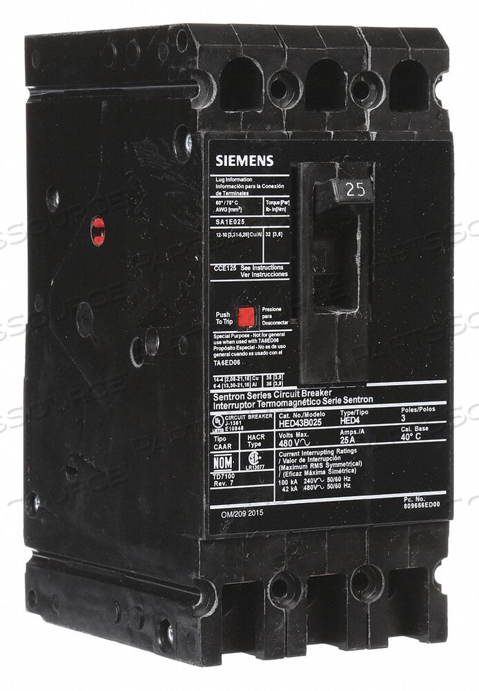 OEM#: HED43B025CIRCUIT BREAKER 25A 3P 480VAC HED4 by Siemens