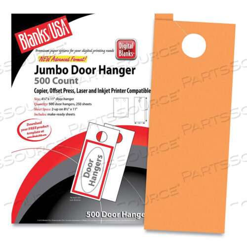 JUMBO MICRO-PERFORATED DOOR HANGERS, 65 LB COVER WEIGHT, 8.5 X 11, HUNTERS ORANGE, 2 HANGERS/SHEET, 250 SHEETS/PACK