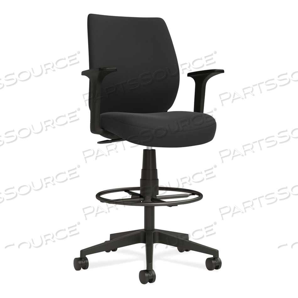 ESSENTIALS FABRIC DRAFTING STOOL WITH ARMS, SUPPORTS UP TO 275 LB, BLACK SEAT/BACK, BLACK BASE