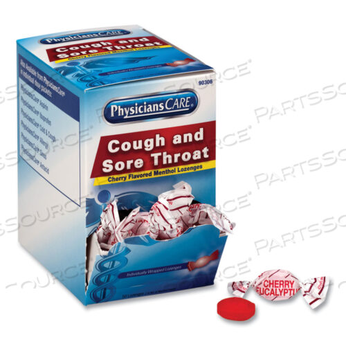OEM#: 90306COUGH AND SORE THROAT, CHERRY MENTHOL LOZENGES, INDIVIDUALLY WRAPPED, 50/BOX by Physicianscare