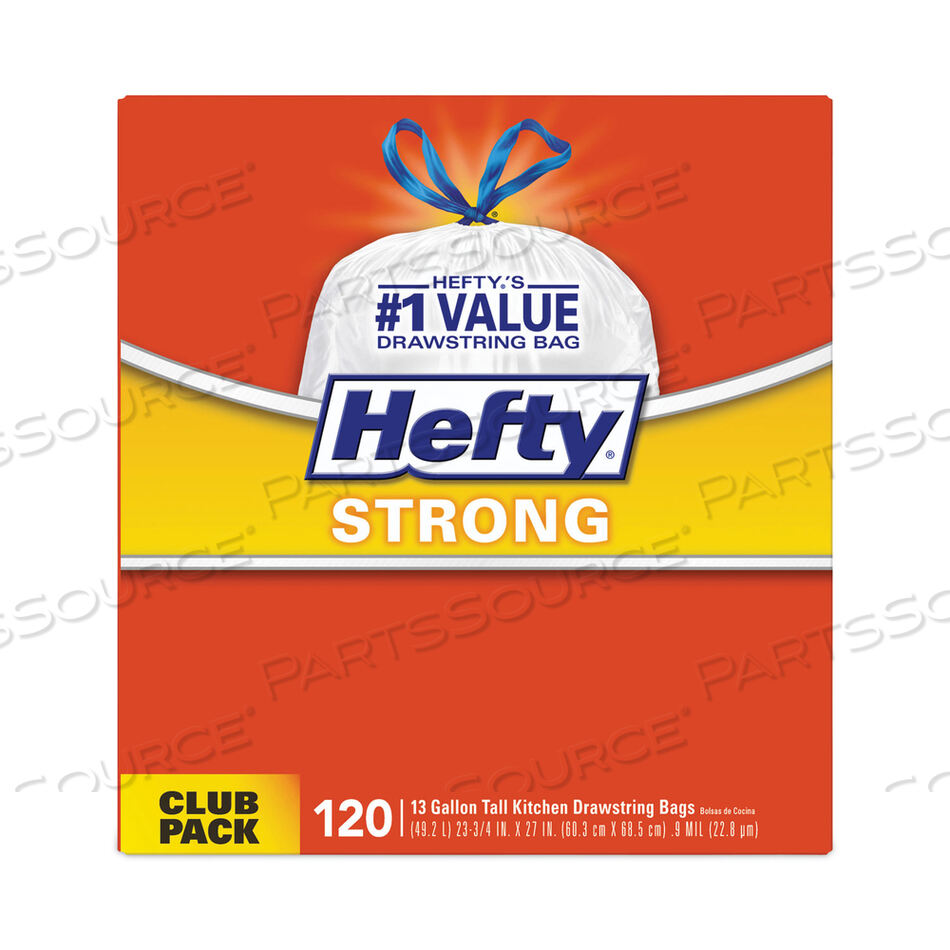 OEM#: E84574STRONG TALL KITCHEN DRAWSTRING BAGS, 13 GAL, 0.9 MIL, 23.75 X 27, WHITE, 90/BOX by Hefty