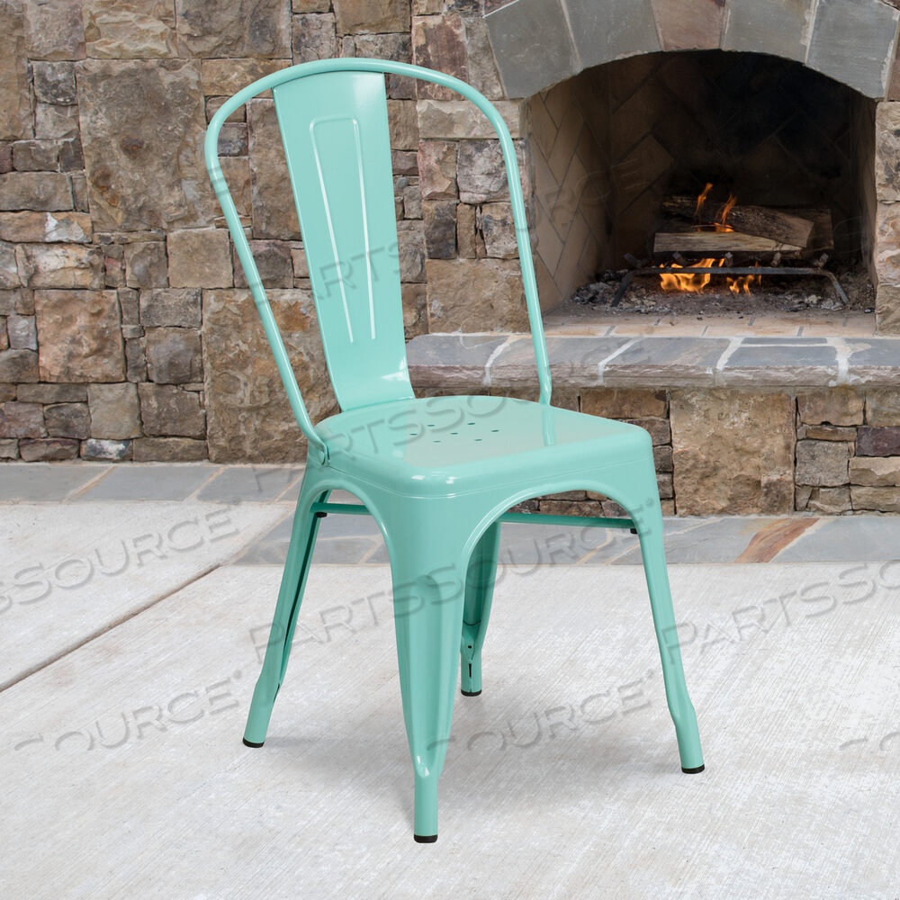 OEM#: ET-3534-MINT-GGTENLEY COMMERCIAL GRADE MINT GREEN METAL INDOOR-OUTDOOR STACKABLE CHAIR by Flash Furniture