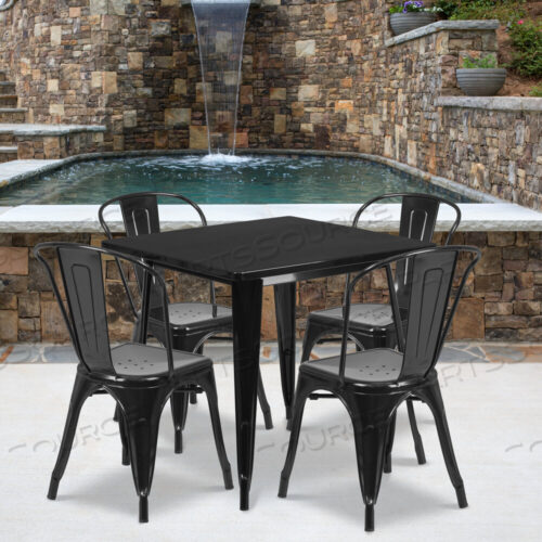 OEM#: ET-CT002-4-30-BK-GGFOSTER COMMERCIAL GRADE 31.5 SQUARE BLACK METAL INDOOR-OUTDOOR TABLE SET WITH 4 STACK CHAIRS by Flash Furniture