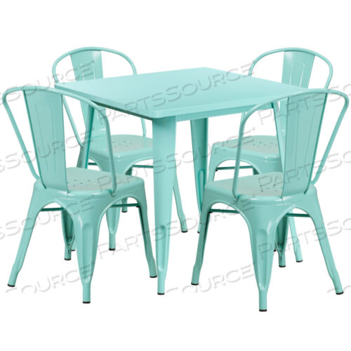 OEM#: ET-CT002-4-30-MINT-GGFOSTER COMMERCIAL GRADE 31.5 SQUARE MINT GREEN METAL INDOOR-OUTDOOR TABLE SET WITH 4 STACK CHAIRS by Flash Furniture