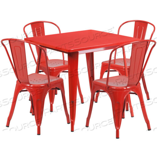 OEM#: ET-CT002-4-30-RED-GGFOSTER COMMERCIAL GRADE 31.5 SQUARE RED METAL INDOOR-OUTDOOR TABLE SET WITH 4 STACK CHAIRS by Flash Furniture