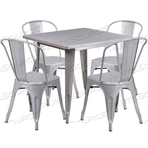 OEM#: ET-CT002-4-30-SIL-GGFOSTER COMMERCIAL GRADE 31.5 SQUARE SILVER METAL INDOOR-OUTDOOR TABLE SET WITH 4 STACK CHAIRS by Flash Furniture