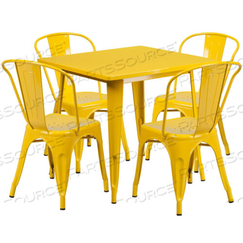 OEM#: ET-CT002-4-30-YL-GGFOSTER COMMERCIAL GRADE 31.5 SQUARE YELLOW METAL INDOOR-OUTDOOR TABLE SET WITH 4 STACK CHAIRS by Flash Furniture