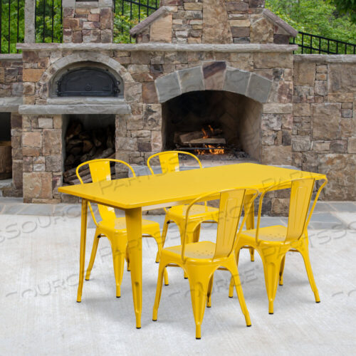 OEM#: ET-CT005-4-30-YL-GGDARCY COMMERCIAL GRADE 31.5 X 63 RECTANGULAR YELLOW METAL INDOOR-OUTDOOR TABLE SET WITH 4 STACK CHAIRS by Flash Furniture