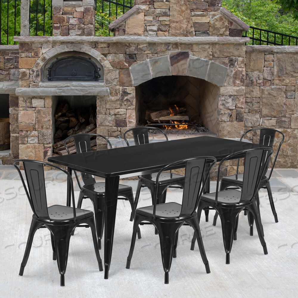 OEM#: ET-CT005-6-30-BK-GGGILBERT COMMERCIAL GRADE 31.5 X 63 RECTANGULAR BLACK METAL INDOOR-OUTDOOR TABLE SET WITH 6 STACK CHAIRS by Flash Furniture