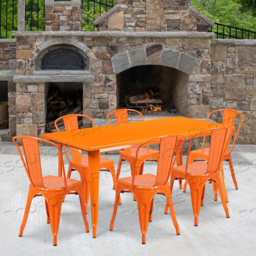 OEM#: ET-CT005-6-30-OR-GGGILBERT COMMERCIAL GRADE 31.5 X 63 RECTANGULAR ORANGE METAL INDOOR-OUTDOOR TABLE SET WITH 6 STACK CHAIRS by Flash Furniture