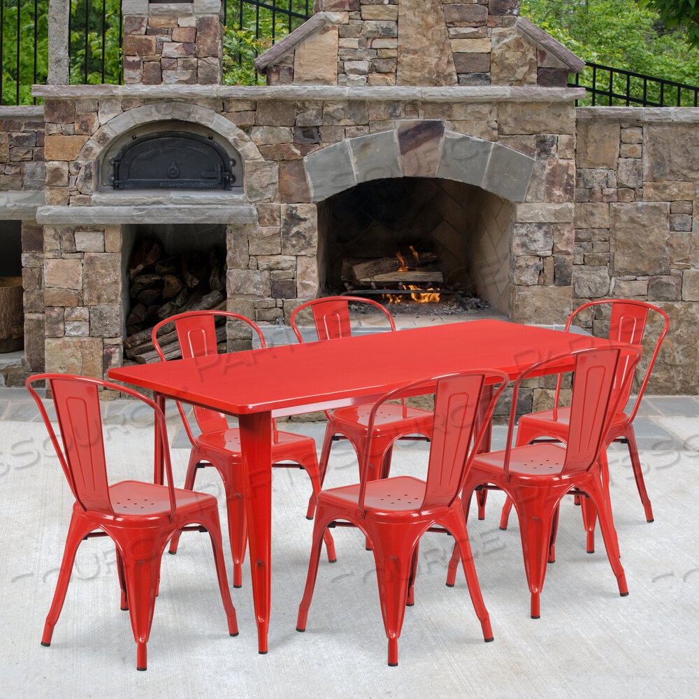 OEM#: ET-CT005-6-30-RED-GGGILBERT COMMERCIAL GRADE 31.5 X 63 RECTANGULAR RED METAL INDOOR-OUTDOOR TABLE SET WITH 6 STACK CHAIRS by Flash Furniture