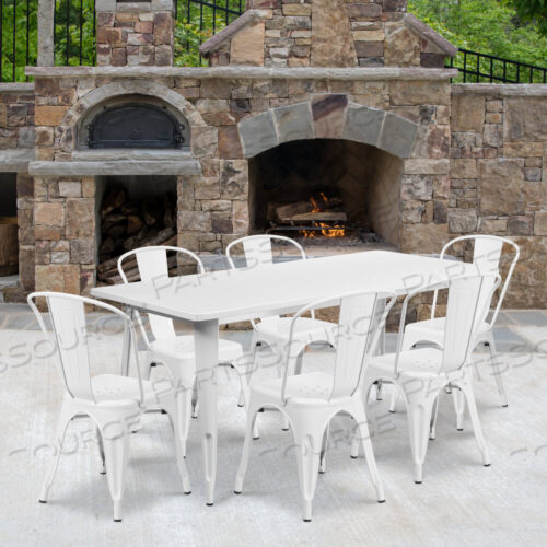 OEM#: ET-CT005-6-30-WH-GGGILBERT COMMERCIAL GRADE 31.5 X 63 RECTANGULAR WHITE METAL INDOOR-OUTDOOR TABLE SET WITH 6 STACK CHAIRS by Flash Furniture