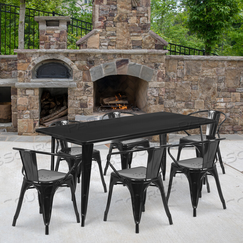 OEM#: ET-CT005-6-70-BK-GGOAKLEY COMMERCIAL GRADE 31.5 X 63 RECTANGULAR BLACK METAL INDOOR-OUTDOOR TABLE SET WITH 6 ARM CHAIRS by Flash Furniture