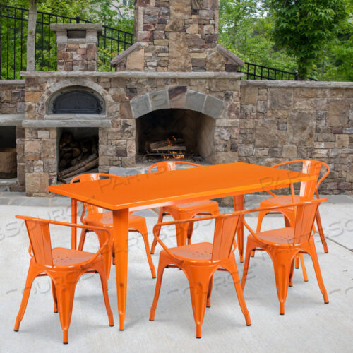 OEM#: ET-CT005-6-70-OR-GGOAKLEY COMMERCIAL GRADE 31.5 X 63 RECTANGULAR ORANGE METAL INDOOR-OUTDOOR TABLE SET WITH 6 ARM CHAIRS by Flash Furniture
