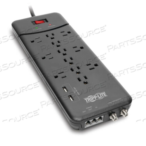 OEM#: TLP128TTUSBBSURGE PROTECTOR POWER STRIP 12 OUTLET 2 USB PORTS TEL/MODEM/COAX by Tripp Lite