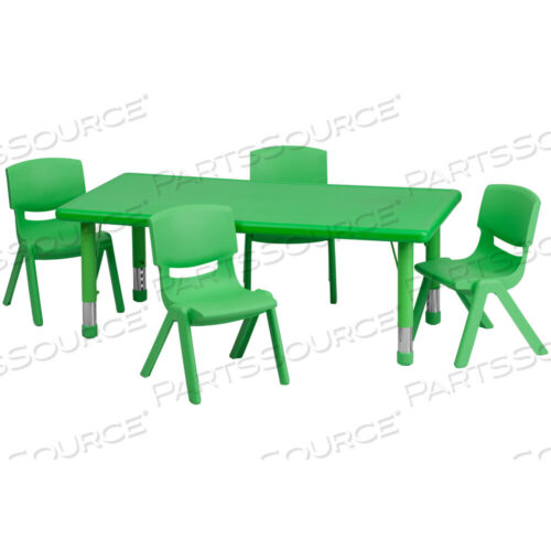 OEM#: YU-YCX-0013-2-RECT-TBL-GREEN-R-GGEMMY 24W X 48L RECTANGULAR GREEN PLASTIC HEIGHT ADJUSTABLE ACTIVITY TABLE SET WITH 4 CHAIRS by Flash Furniture