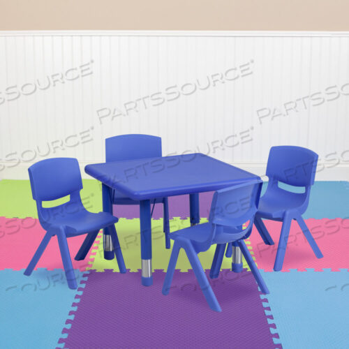 OEM#: YU-YCX-0023-2-SQR-TBL-BLUE-E-GGEMMY 24 SQUARE BLUE PLASTIC HEIGHT ADJUSTABLE ACTIVITY TABLE SET WITH 4 CHAIRS by Flash Furniture