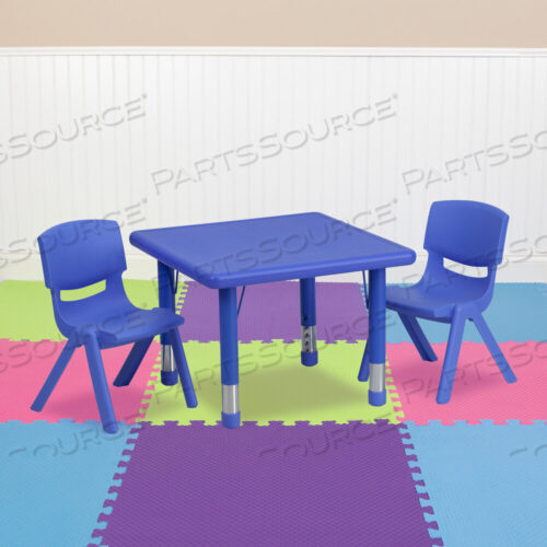 OEM#: YU-YCX-0023-2-SQR-TBL-BLUE-R-GGEMMY 24 SQUARE BLUE PLASTIC HEIGHT ADJUSTABLE ACTIVITY TABLE SET WITH 2 CHAIRS by Flash Furniture