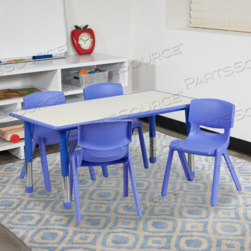OEM#: YU-YCY-060-0034-RECT-TBL-BLUE-GGEMMY 23.625W X 47.25L RECTANGULAR BLUE PLASTIC HEIGHT ADJUSTABLE ACTIVITY TABLE SET WITH 4 CHAIRS by Flash Furniture