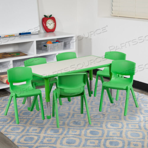 OEM#: YU-YCY-060-0036-RECT-TBL-GREEN-GGEMMY 23.625W X 47.25L RECTANGULAR GREEN PLASTIC HEIGHT ADJUSTABLE ACTIVITY TABLE SET WITH 6 CHAIRS by Flash Furniture