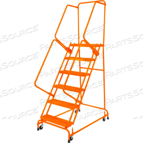 OEM#: FS063014-OPERFORATED 24W 6 STEP STEEL ROLLING LADDER 14D TOP STEP W/HANDRAILS LOCK STEP ORANGE by Ballymore