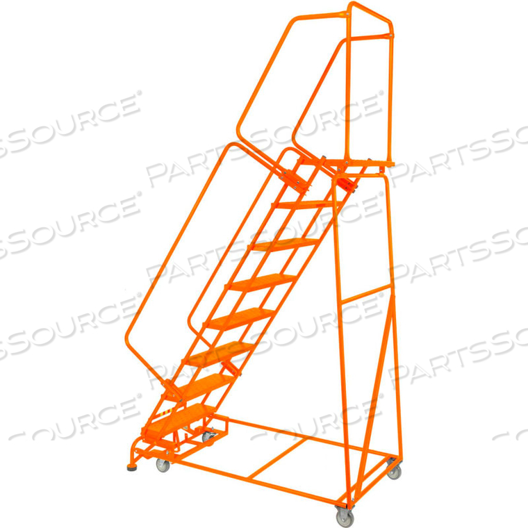 OEM#: FS083214P-OPERFORATED 24W 8 STEP STEEL ROLLING LADDER 14D TOP STEP W/HANDRAILS LOCK STEP ORANGE by Ballymore