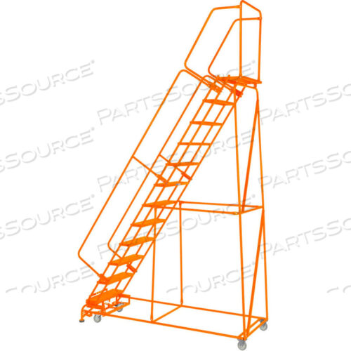 OEM#: FS113221G-OGRIP 24W 11 STEP STEEL ROLLING LADDER 21D TOP STEP W/ HANDRAILS LOCK STEP - ORANGE by Ballymore