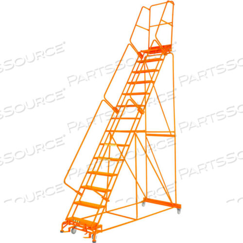 OEM#: FS144014G-OGRIP 24W 14 STEP STEEL ROLLING LADDER 14D TOP STEP W/ HANDRAIL LOCK STEP - ORANGE by Ballymore