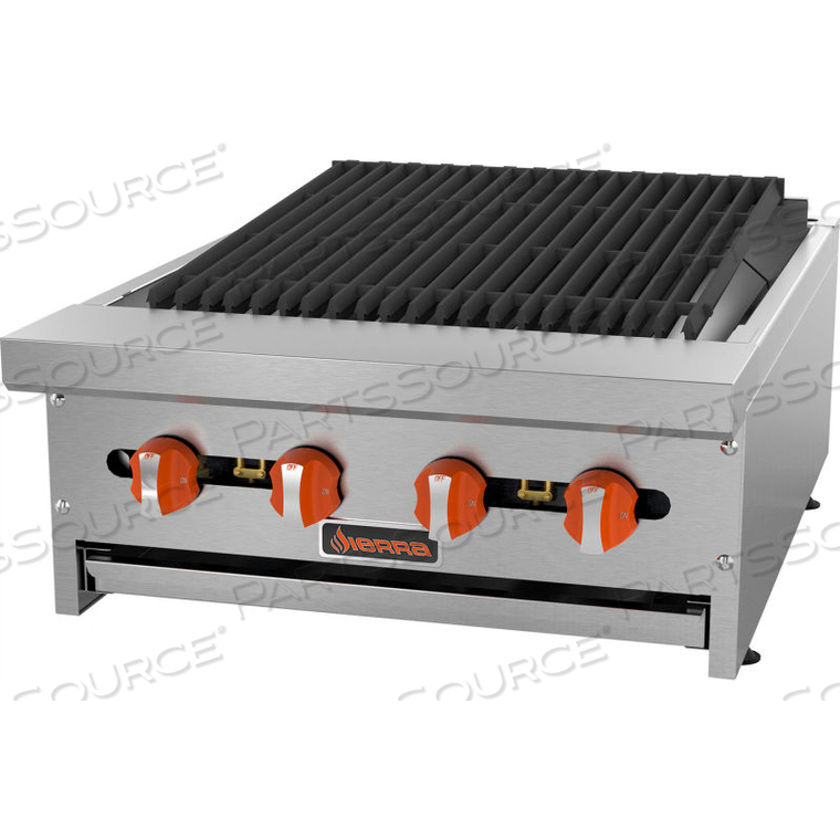 SIERRA RANGE CHARBROILER, 24W, 4 BURNERS, 16,000 BTU EACH, STAINLESS STEEL, ROCK BRIQUETTES